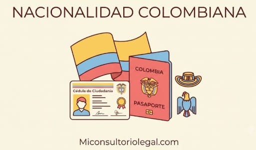 Documento de identidad colombiano junto a la bandera de Colombia y un pasaporte