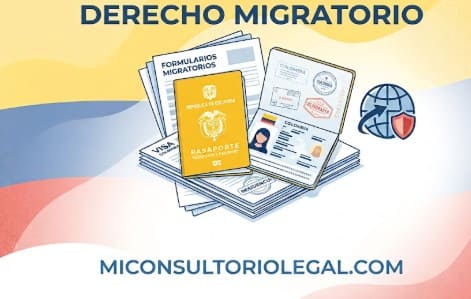 Pasaporte abierto sobre documentos migratorios, con la bandera de Colombia al fondo