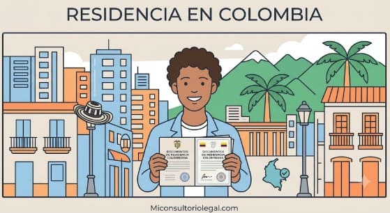 Persona extranjera sosteniendo documentos de residencia frente a un entorno urbano colombiano